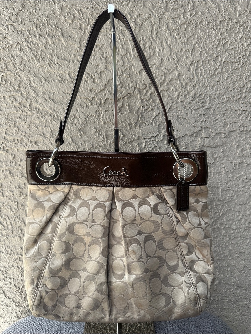Coach Signature Pleated Shoulder Bag in Khaki and Brown (no sling)